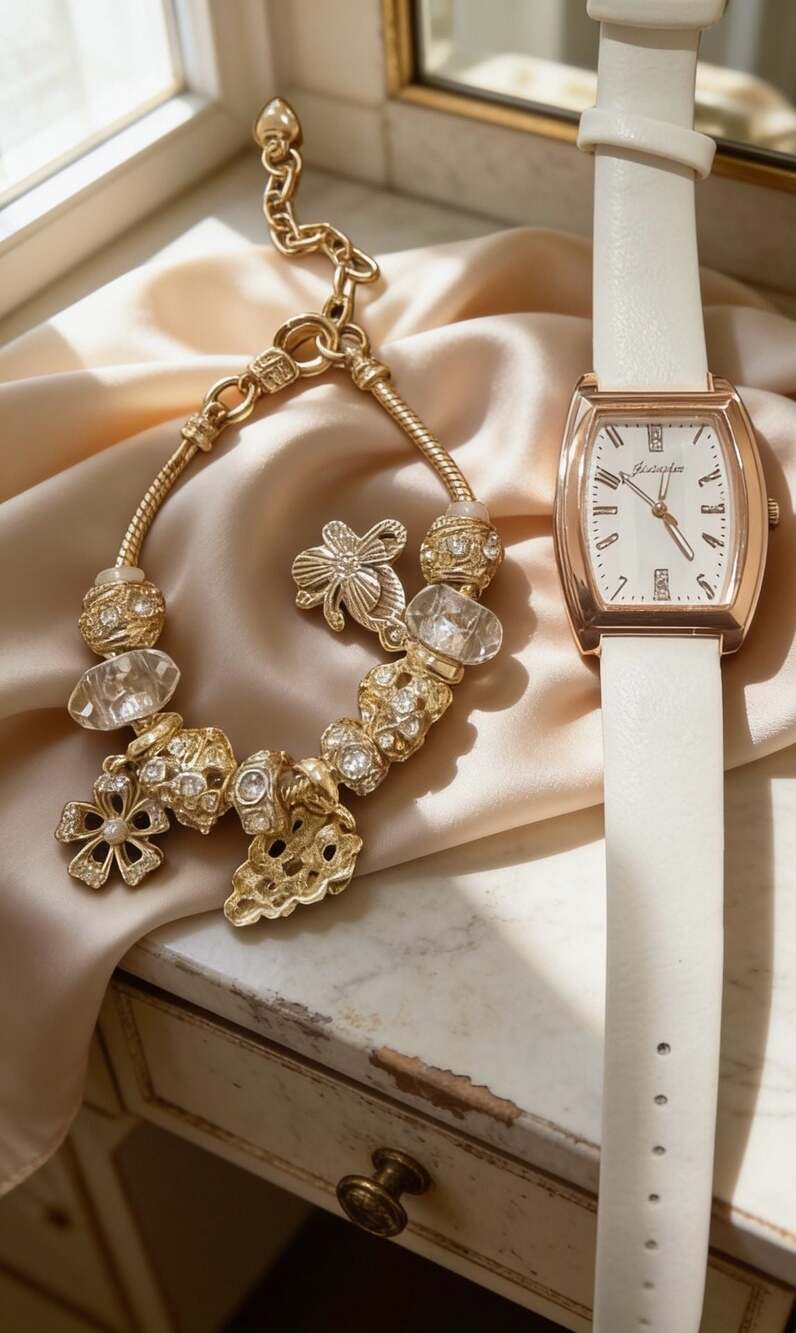 Women's Gold-Tone Charm Bracelet and Rose Gold-Tone Rectangle Watch Set with Whi